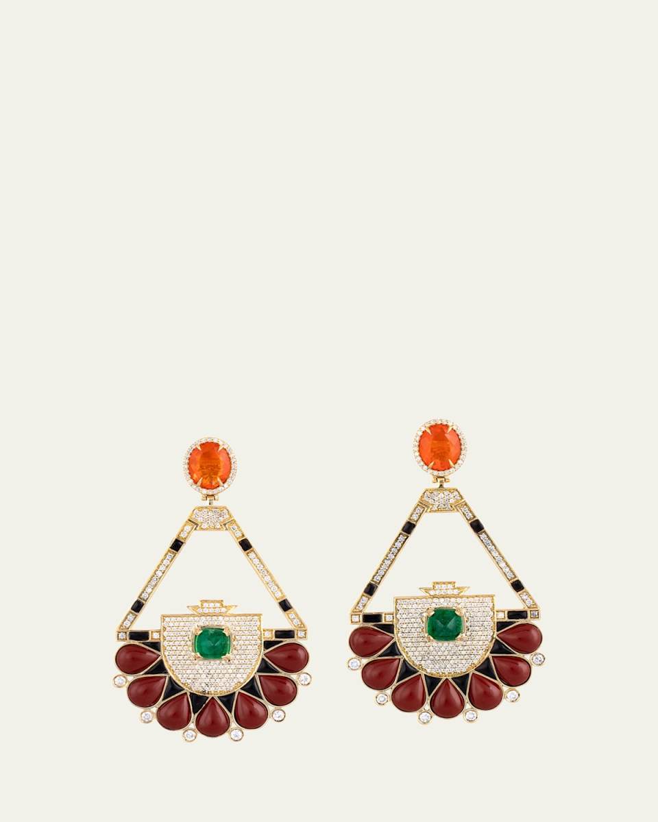 18K Yellow Gold Drop Earrings with Diamonds, Fire Opal, Emerald, Jasper and Onyx